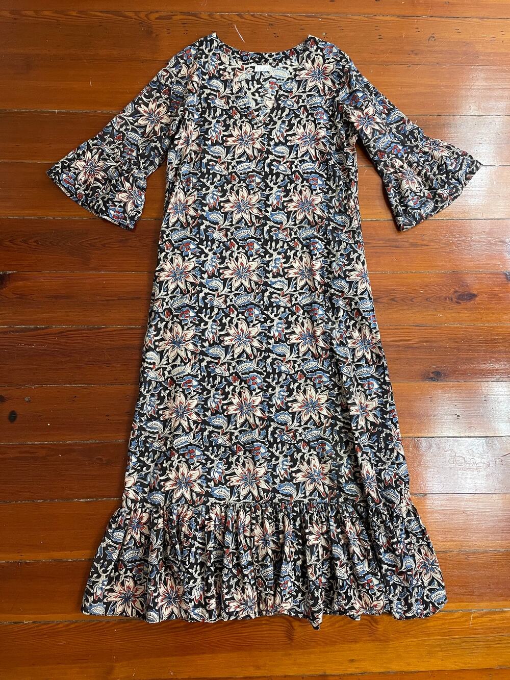 Livro Floral Cotton A-Line Midi Dress Bell Sleeve Ruffle Hem Size M